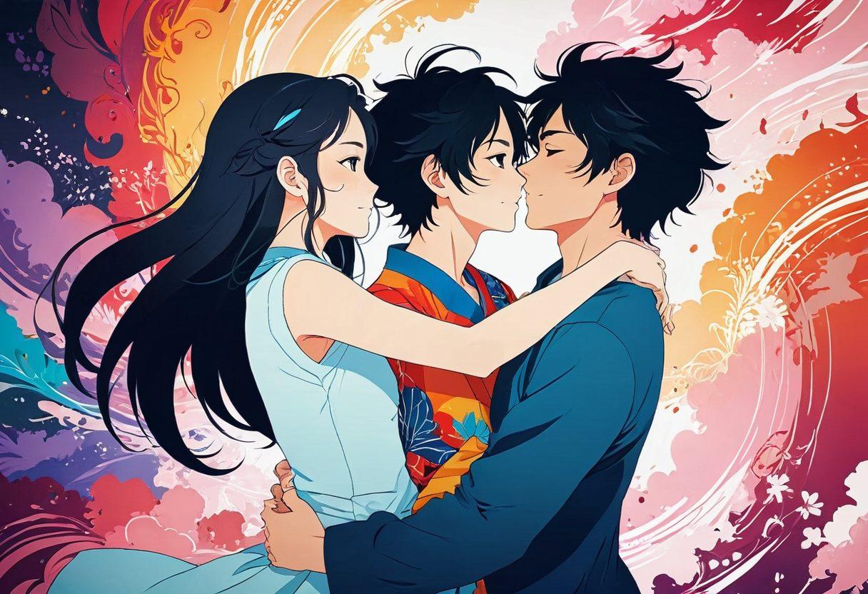 A dynamic scene showcasing the transformation from manga to anime, featuring a passionate embrace between two characters in a colorful, vivid setting. The illustration should blend traditional hand-drawn elements with modern digital animation styles, capturing the essence of eroticism and evolution in character design. Incorporate subtle motifs from both art forms, reflecting the cultural shift. The background should be dreamy and abstract, enhancing the romantic atmosphere. vibrant colors. 3D. cinematic.